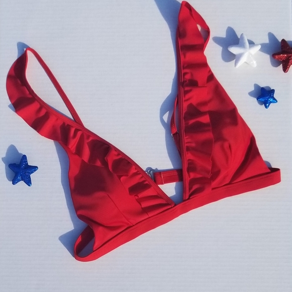 Red| Plunging V-neck | Ruffle Bikini Top - Picture 3 of 3
